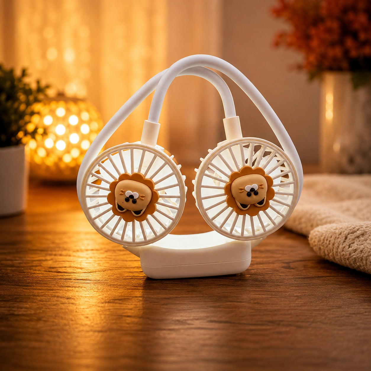 Cute Lion Dual-Blade Neck Fan